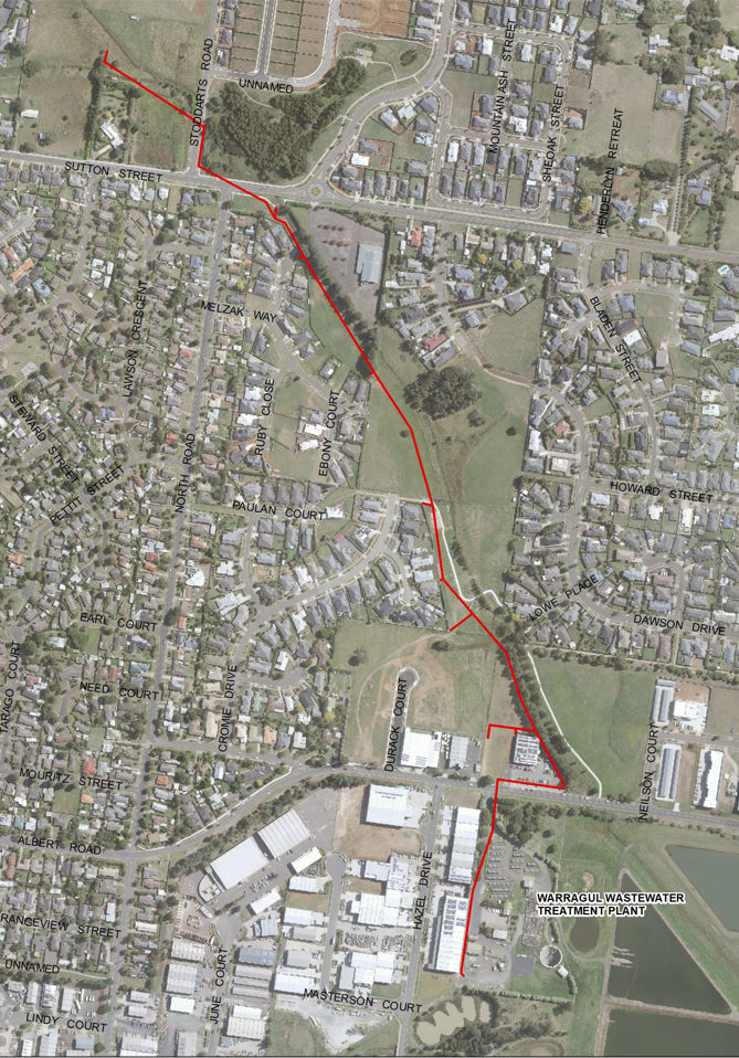 Image of map showing alignment of the new Warragul north-east sewer main