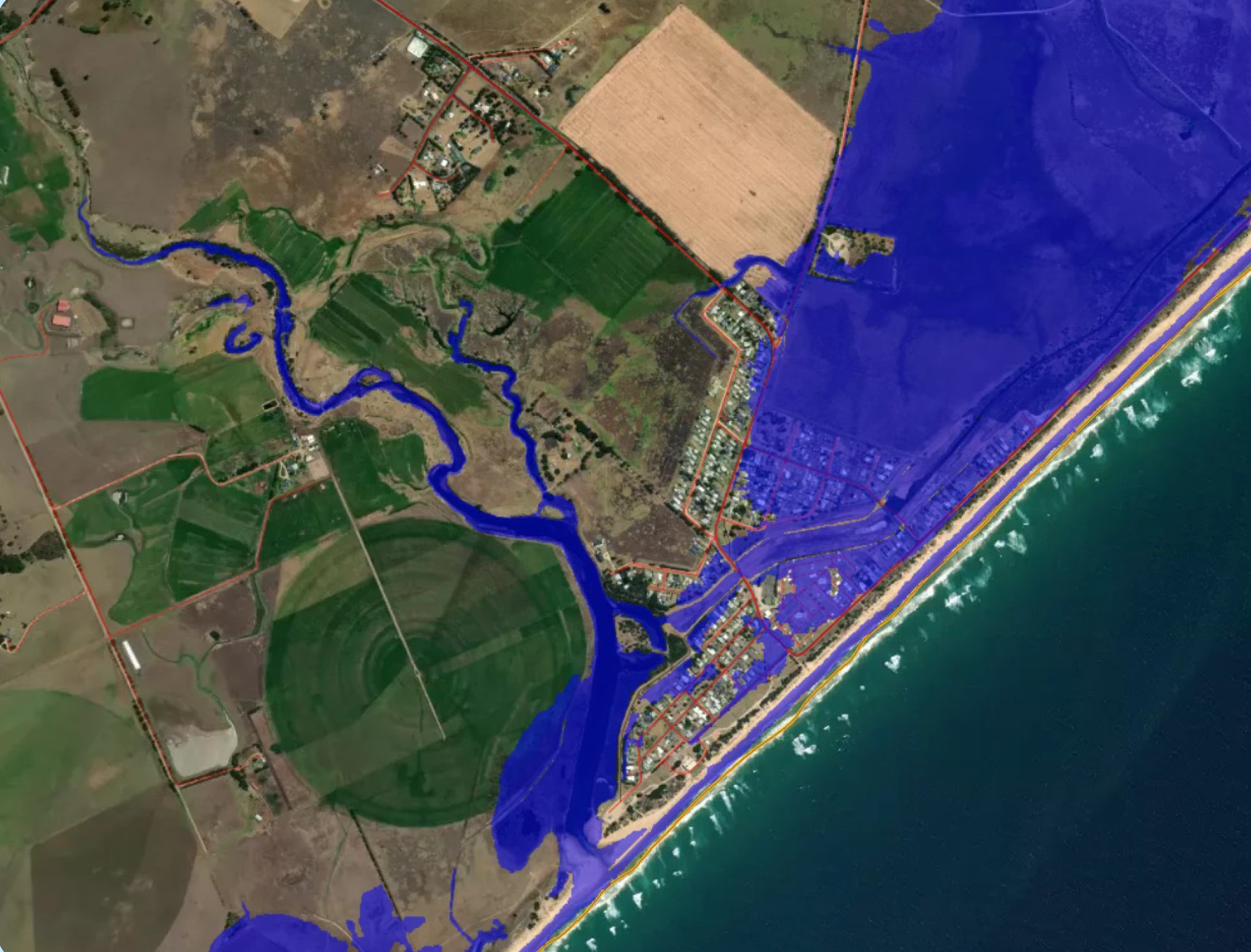 Projected impacts on Seaspray township shown with a 1 in 100 storm surge event at 2040 with a predicted sea level rise of just 20cm. Image adapted from Victoria’s Future Climate Tool7