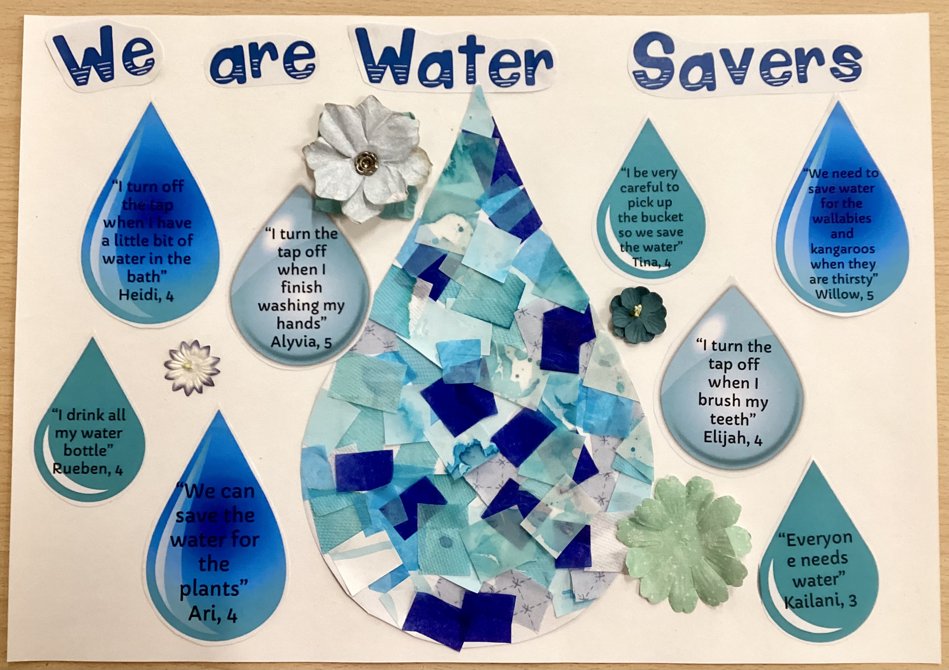 Artwork titled "We are Water Savers" featuring a large collage water drop in the centre surrounded by blue drops with water conservation messages from the children