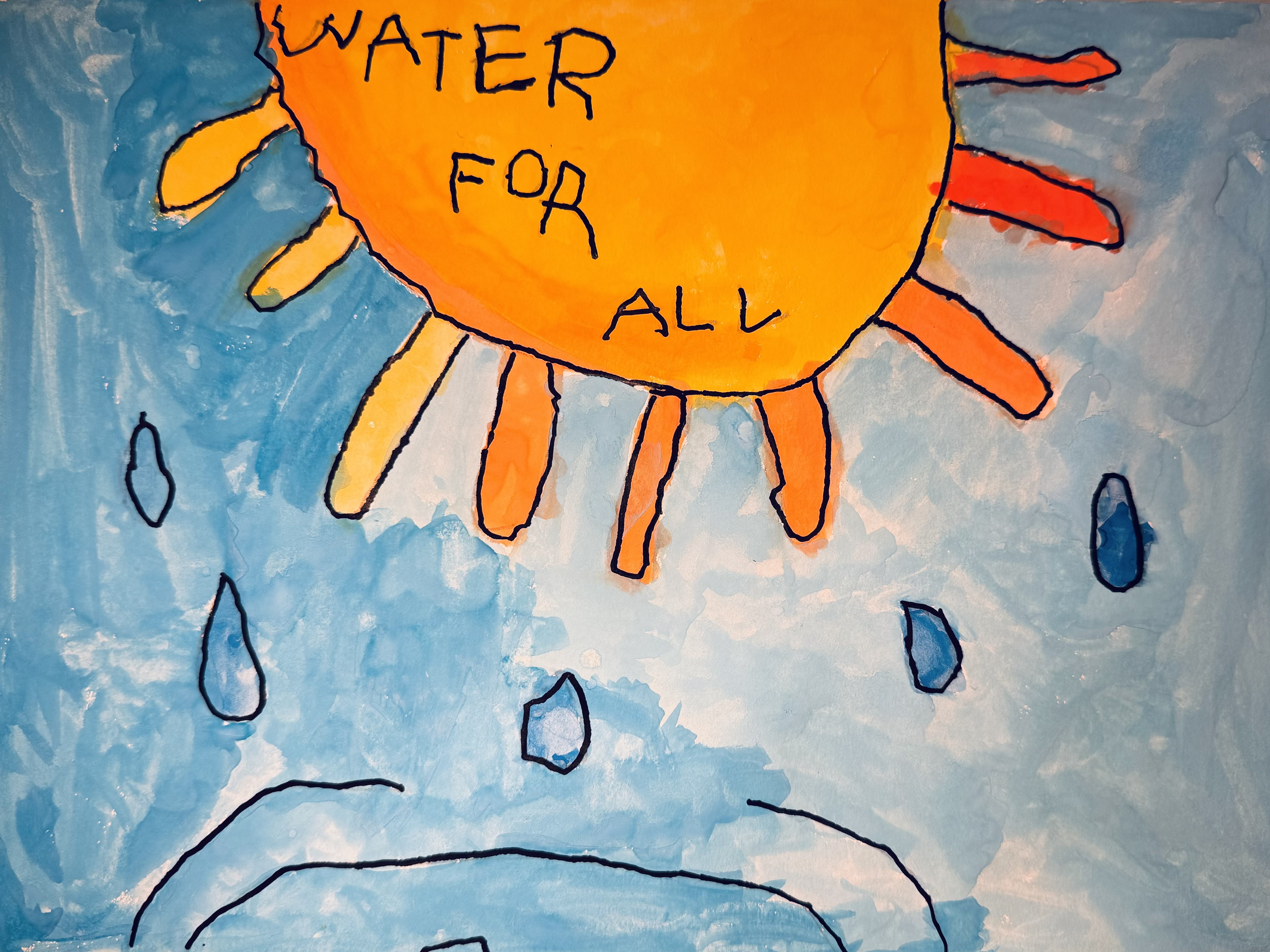 Artwork of a sun and rain with a blue background in water colour. Text says "Water for all"