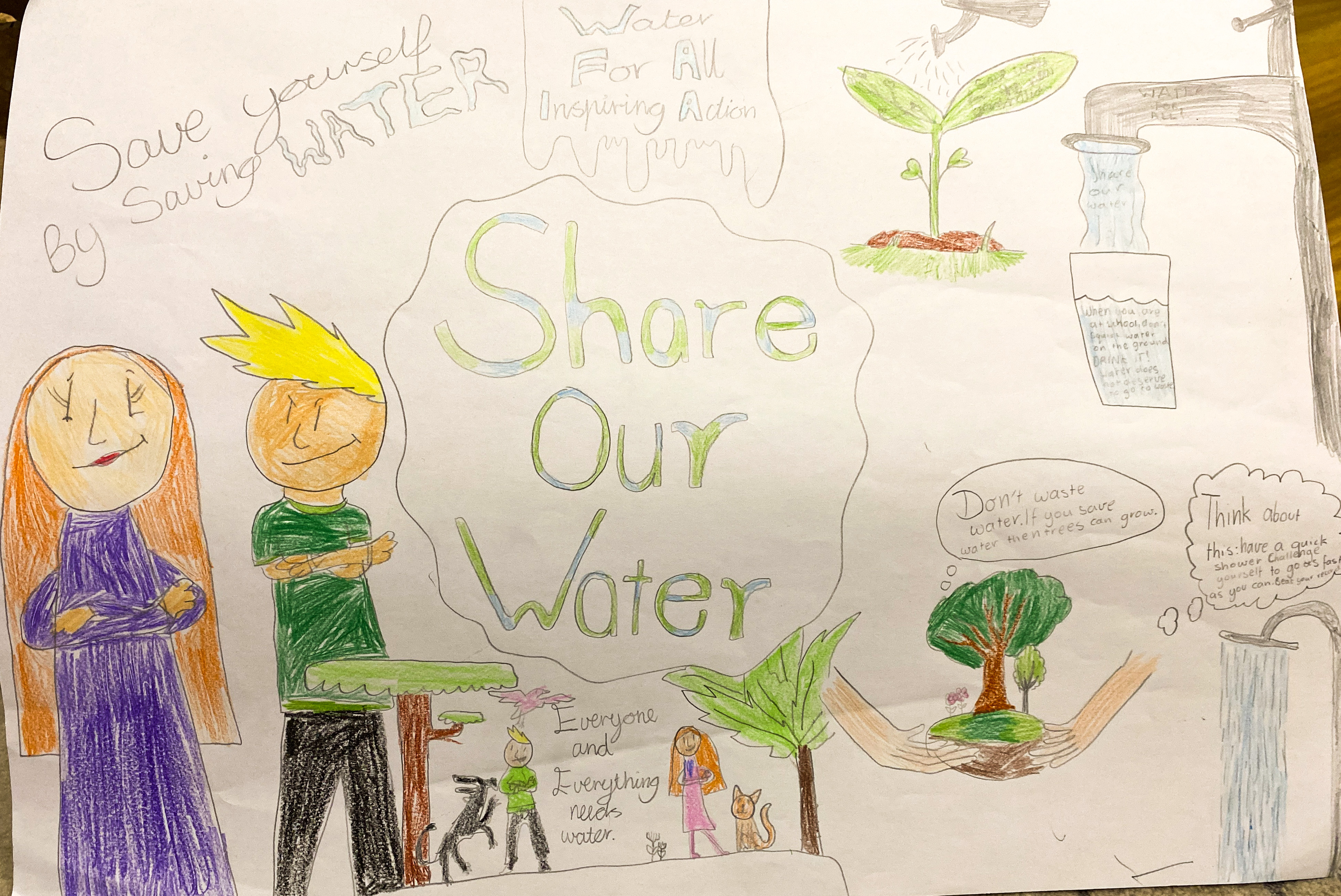 A poster with the title "Save our water" featuring a girl and a boy and messages about why we must save water