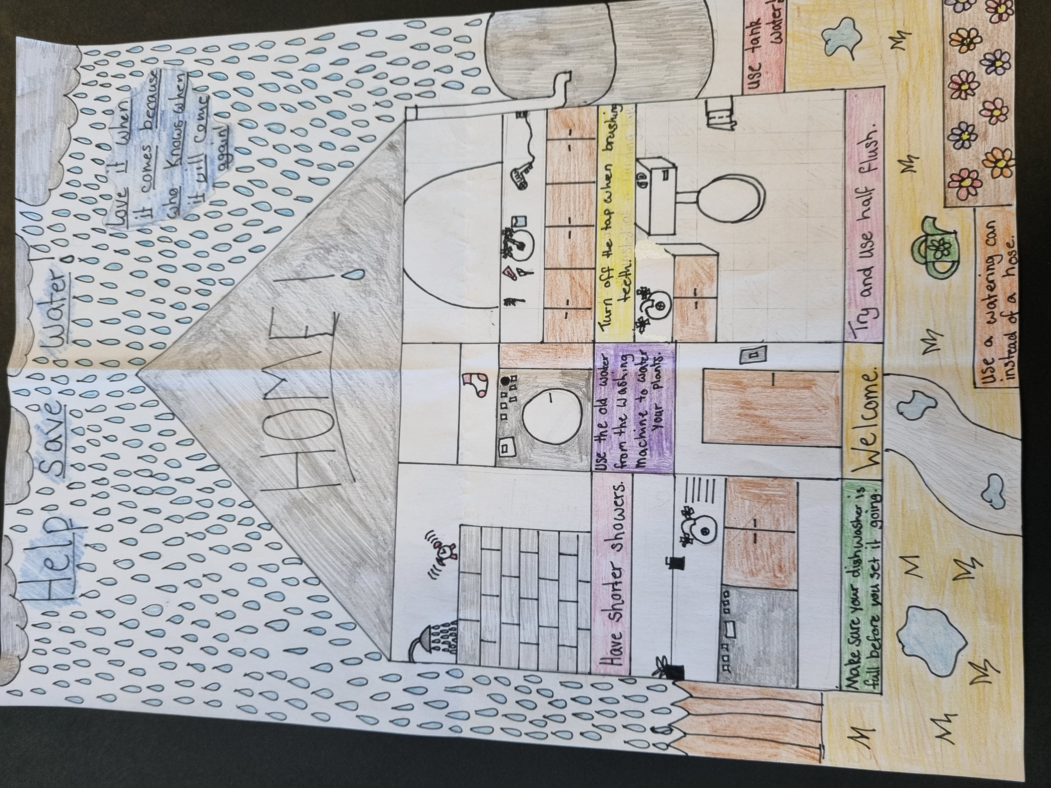 A detailed artwork showing the inside of a house and how we can save water in the kitchen, bathroom, laundry and the garden