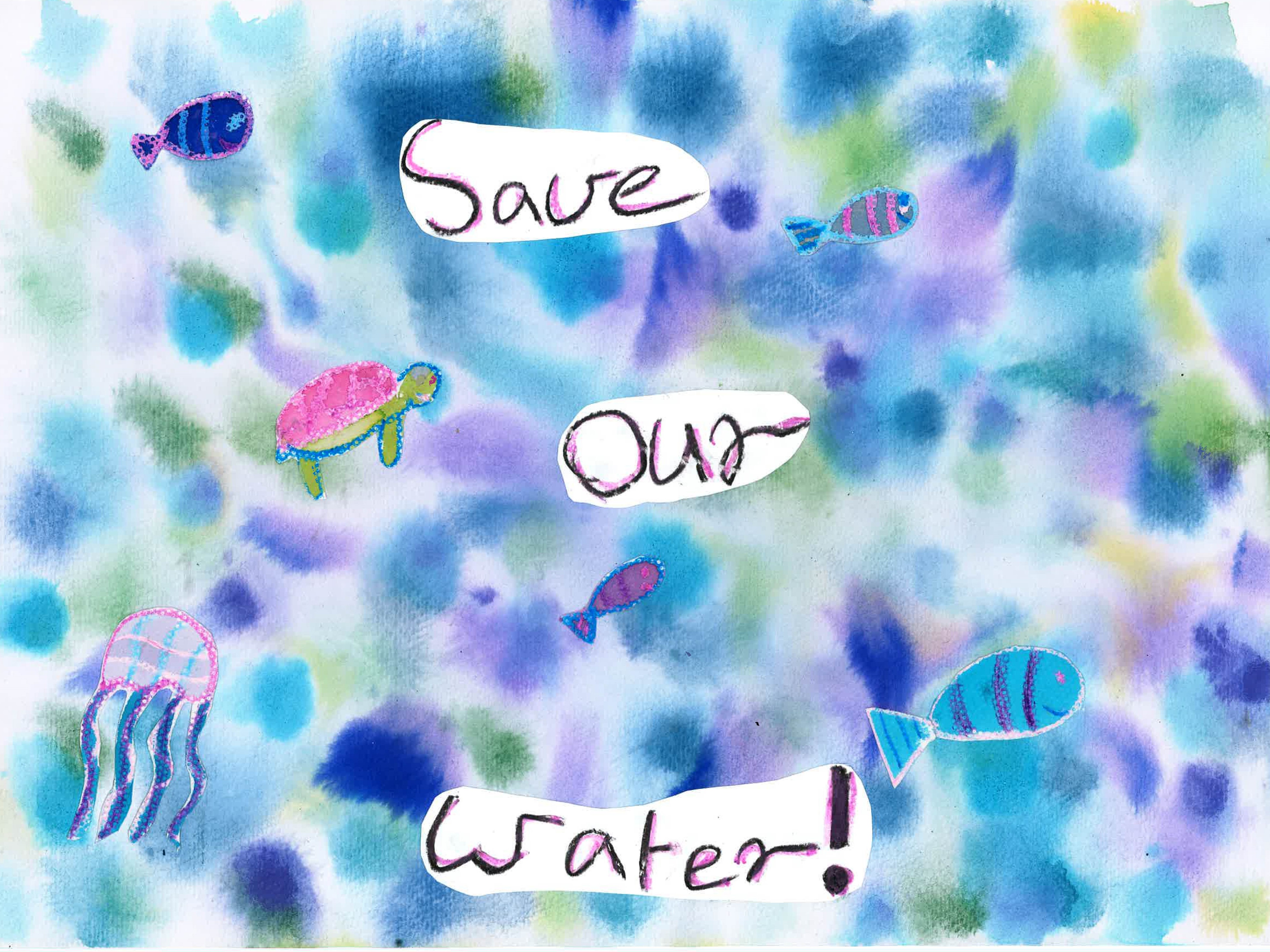 Artwork titled "Save our water!" featuring fish, a turtle and octopus on a colourful blue, purple and green background