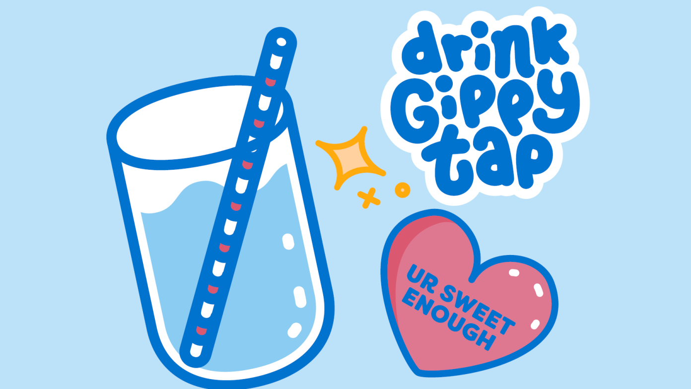 Drink Gippy Tap logo with cartoon glass of water and heart.