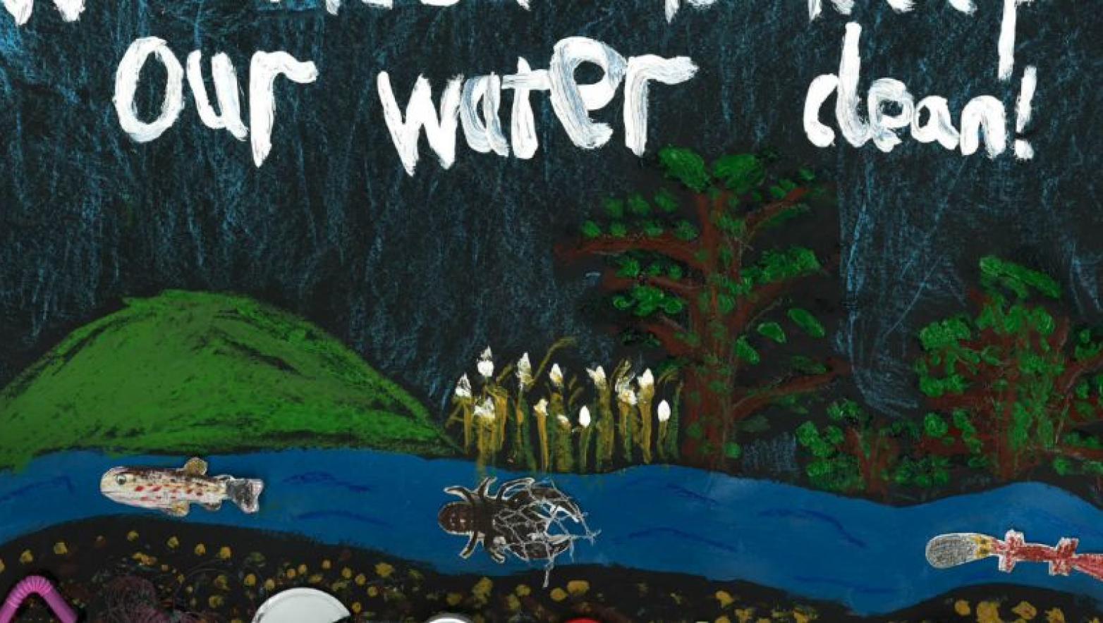 A colourful handmade poster depicting a river and trees.