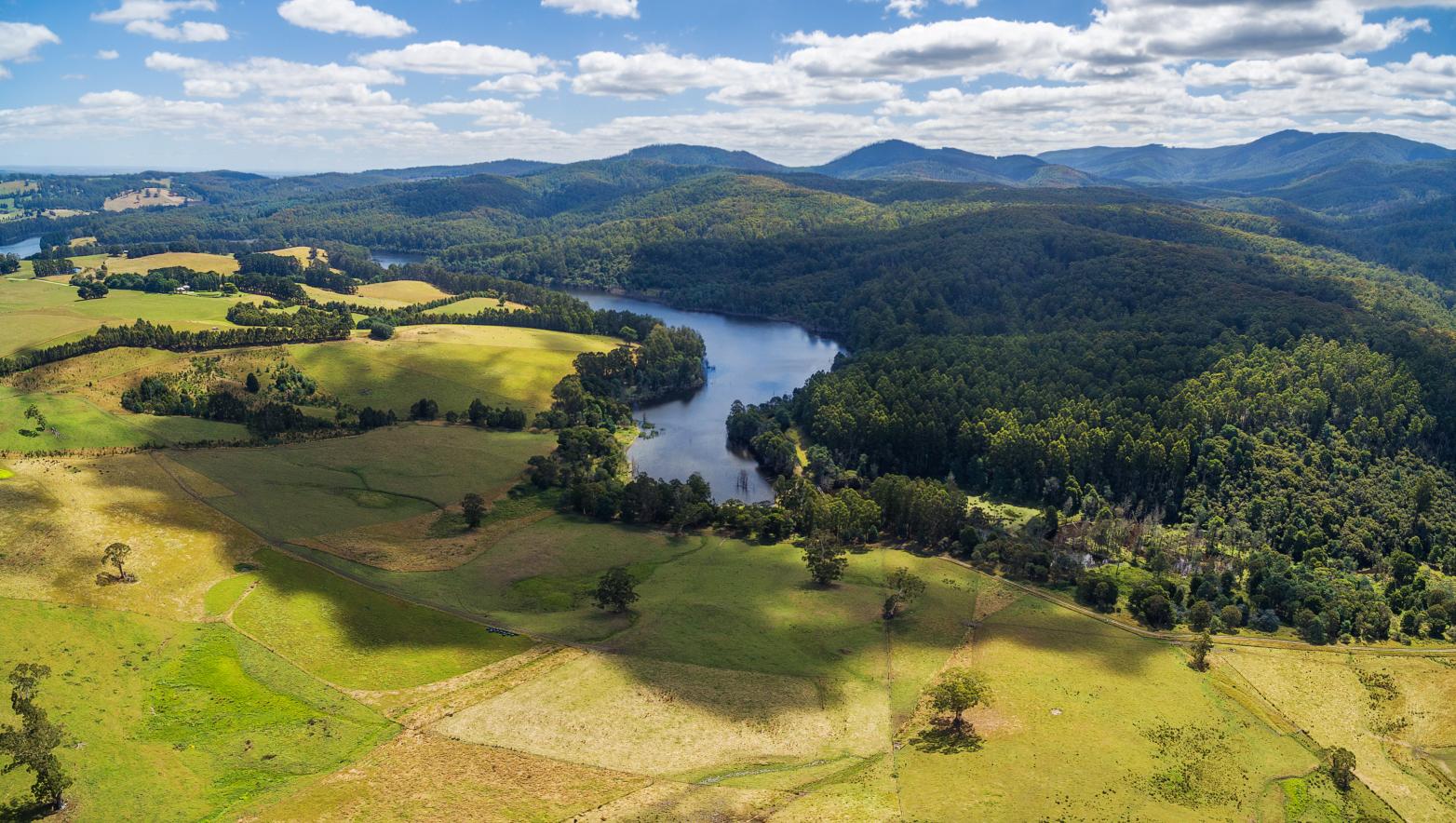 An aerial shot of Tarago Reservoir. 