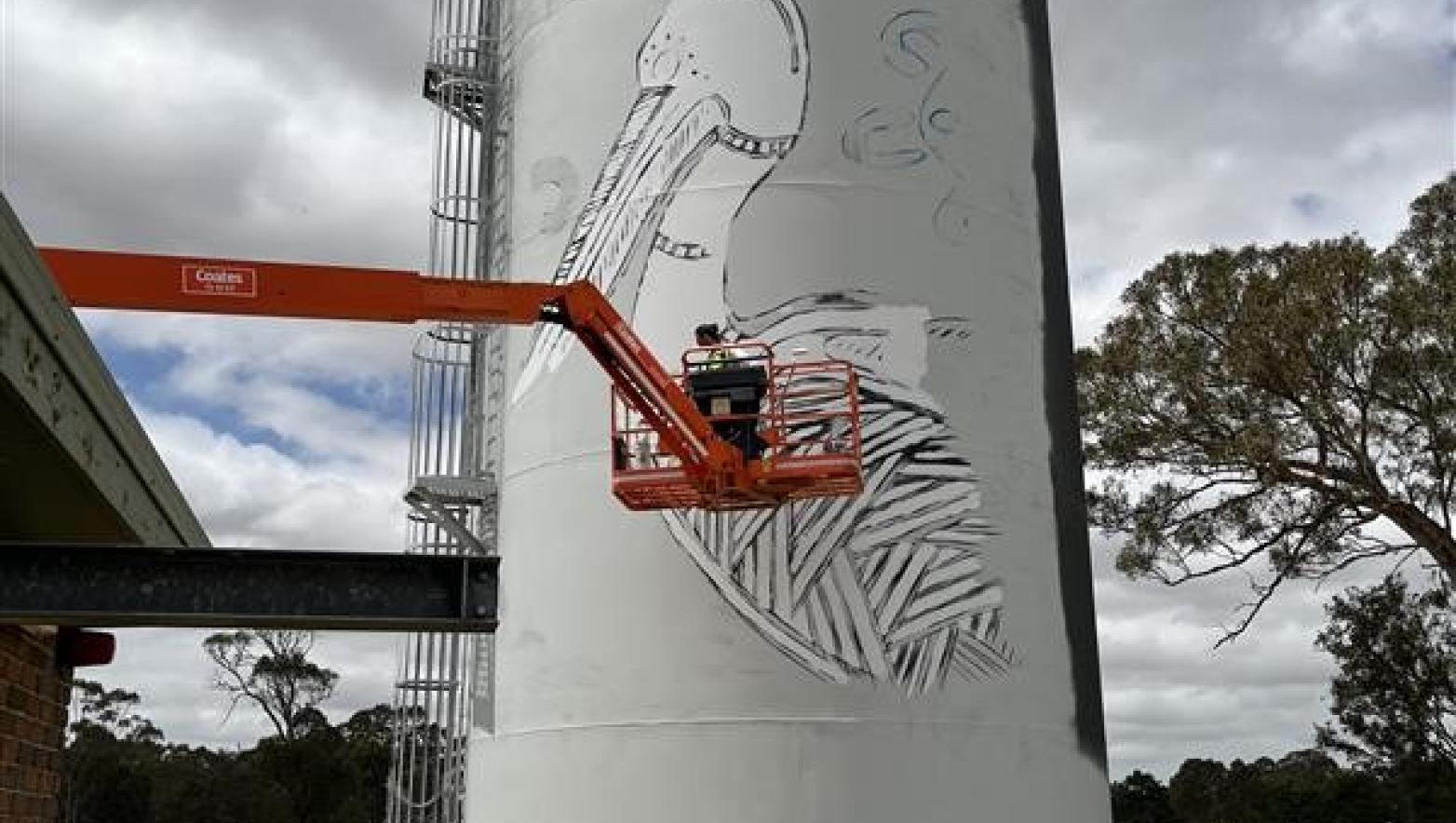 Progress shot of Stratford water tower art installation.